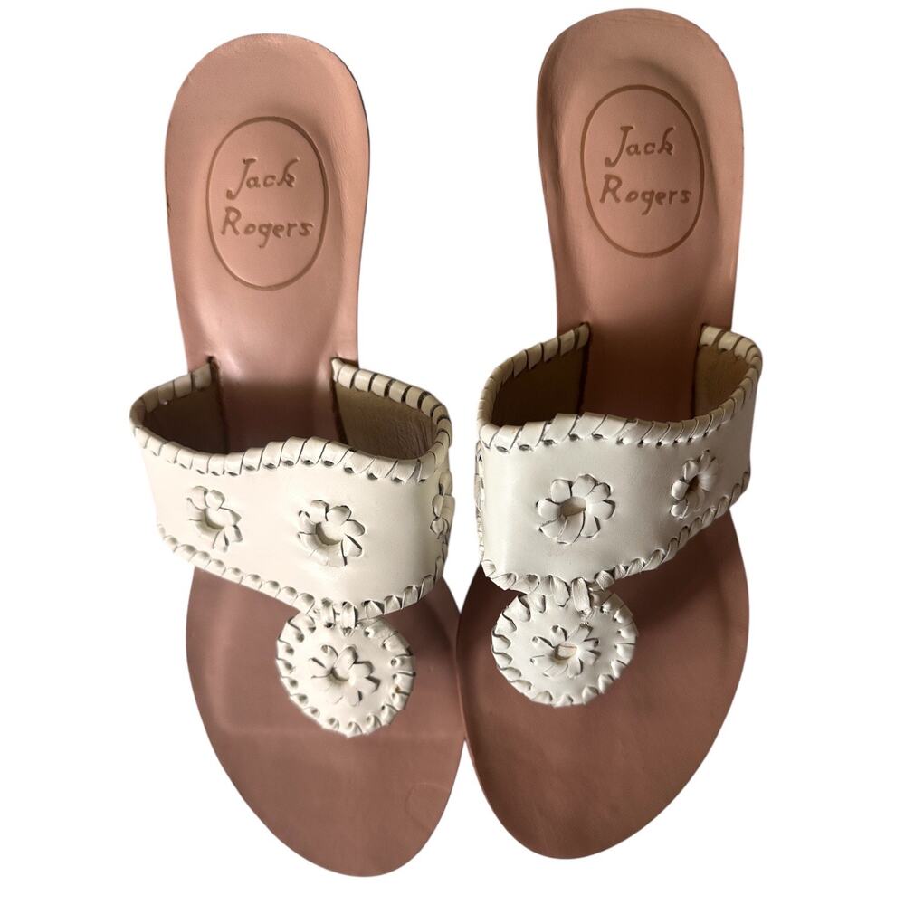 Jack Rogers Leather Mule Heels 6.5M Cream Whipstitch Cone Heel Slides Boho